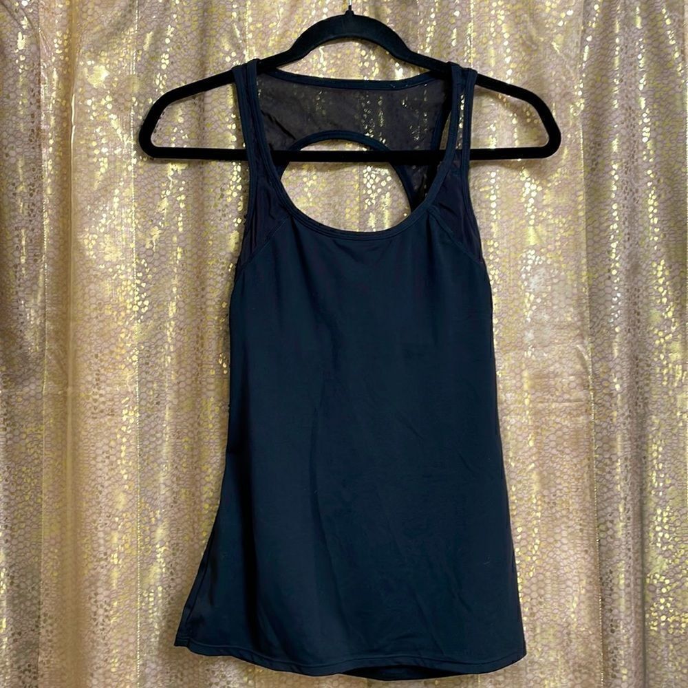 Fabletics black open back strap workout tanktop, bra shelf, size S